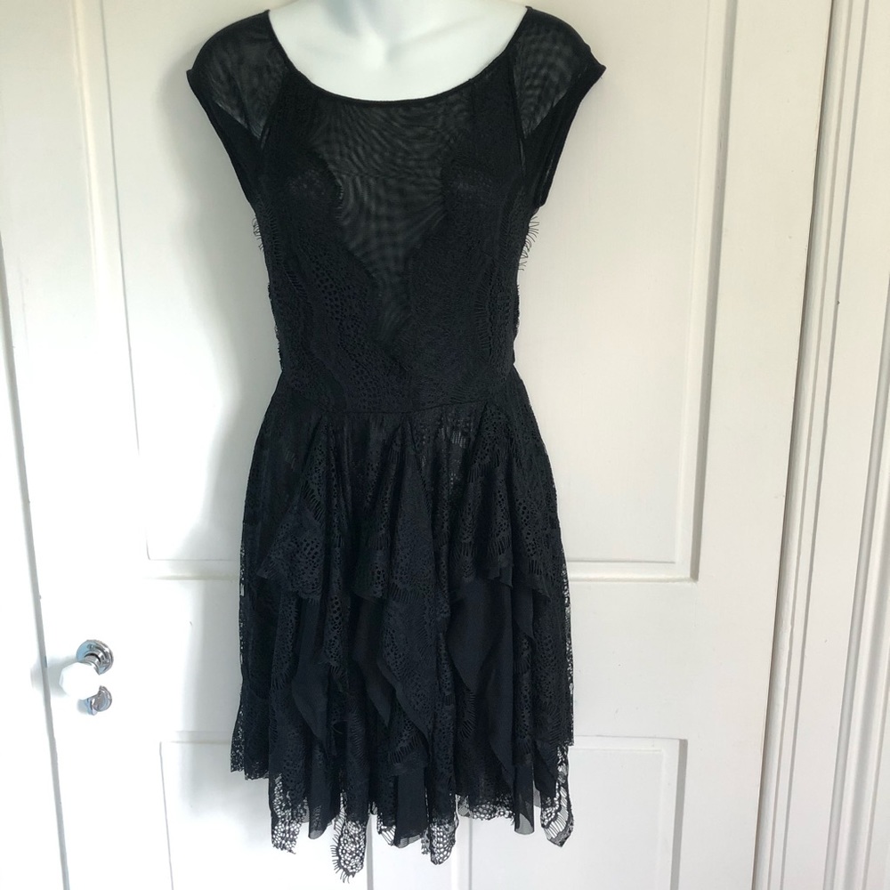Free People Lace Overlay Sheer Illusion Black Dress Handkerchief Hem XS